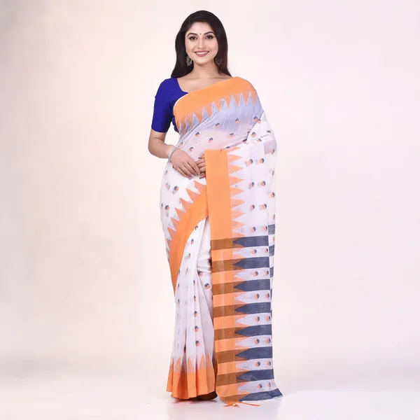 White_Orange_Cotton_Handloom_Woven_Saree_With_Blouse_Piece_For_Women