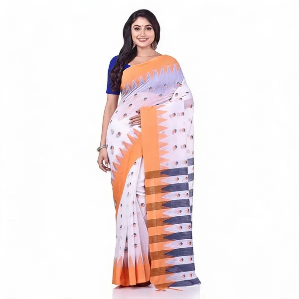 White_Orange_Cotton_Handloom_Woven_Saree_With_Blouse_Piece_For_Women