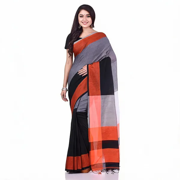 White_Orange_Cotton_Woven_Handloom_Saree_With_Blouse_For_Women