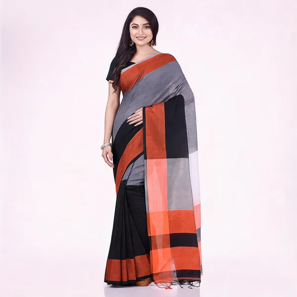 White_Orange_Cotton_Woven_Handloom_Saree_With_Blouse_For_Women
