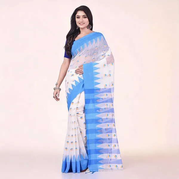 White_Blue_Cotton_Woven_Tri_Leaf_Handloom_Saree_With_Blouse_For_Women
