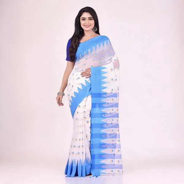 White_Blue_Cotton_Woven_Tri_Leaf_Handloom_Saree_With_Blouse_For_Women