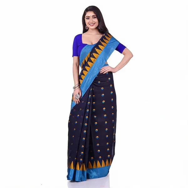 Dark_Blue_White_Cotton_Woven_Tant_Saree_With_Blouse_For_Women