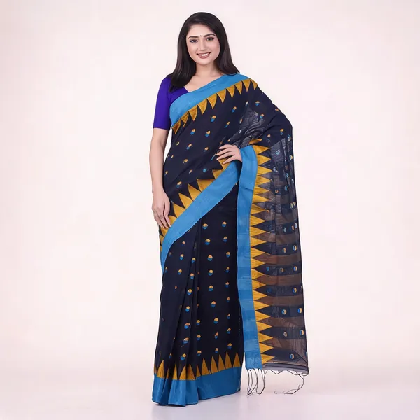 Dark_Blue_White_Cotton_Woven_Tant_Saree_With_Blouse_For_Women