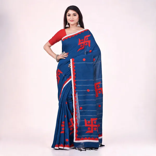 Prussian_Blue_Cotton_Woven_Handloom_Saree_With_Blouse_For_Women