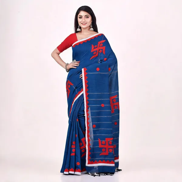Prussian_Blue_Cotton_Woven_Handloom_Saree_With_Blouse_For_Women