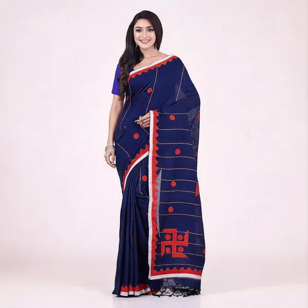 Deep_Blue_Cotton_Handloom_Self_Design_Saree_With_Blouse_Piece_For_Women