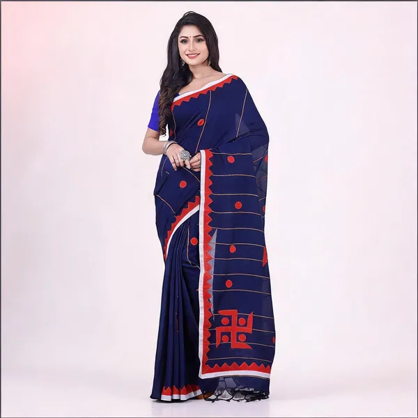 Deep_Blue_Cotton_Handloom_Self_Design_Saree_With_Blouse_Piece_For_Women