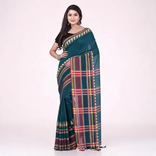 Prussian_Blue_Cotton_Solid_Traditional_Saree_With_Blouse_For_Women