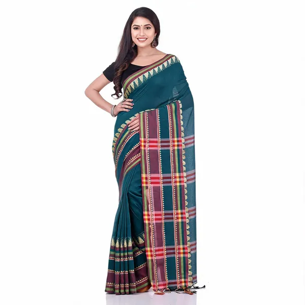 Prussian_Blue_Cotton_Solid_Traditional_Saree_With_Blouse_For_Women