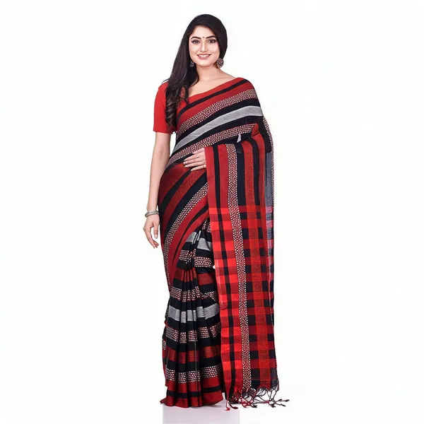 Red_Black_Cotton_Blend_Bengal_Handloom_Saree_With_Blouse_For_Women