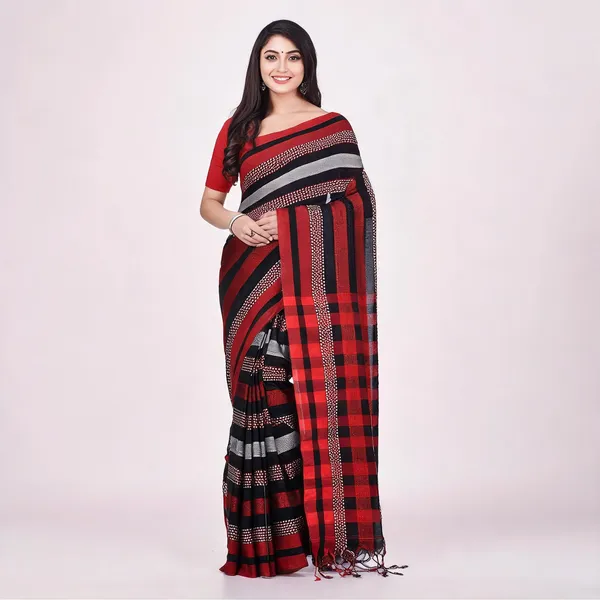 Red_Black_Cotton_Blend_Bengal_Handloom_Saree_With_Blouse_For_Women
