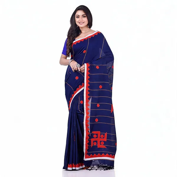 Deep_Blue_Cotton_Khesh_Handloom_Woven_Saree_With_Blouse_For_Women