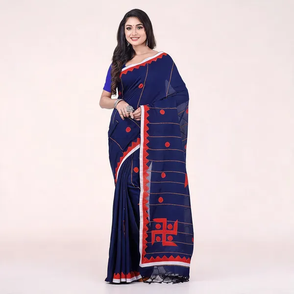 Deep_Blue_Cotton_Khesh_Handloom_Woven_Saree_With_Blouse_For_Women