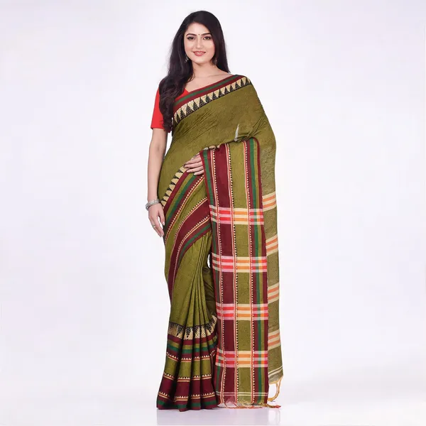 Green_Cotton_Handloom_Traditional_Solid_Saree_With_Blouse_For_Women
