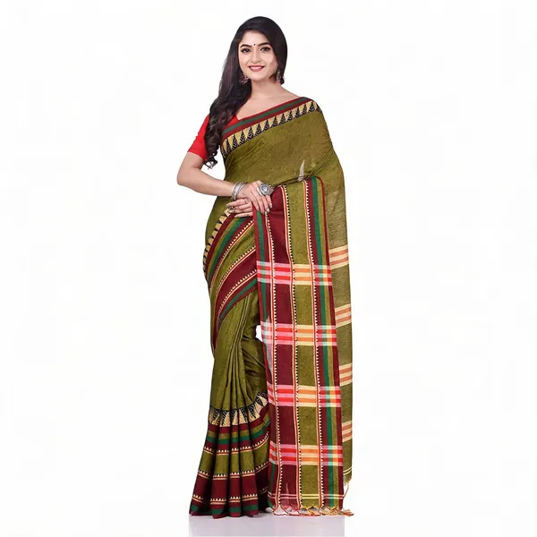 Green_Cotton_Handloom_Traditional_Solid_Saree_With_Blouse_For_Women