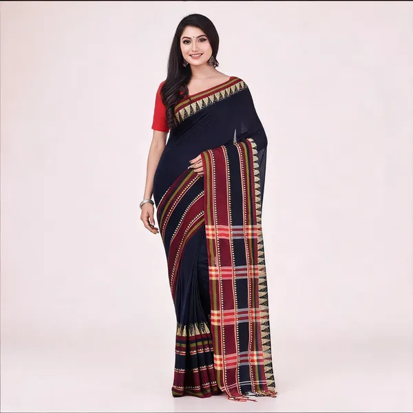 Dark_Blue_Cotton_Handloom_Traditional_Saree_With_Blouse_For_Women