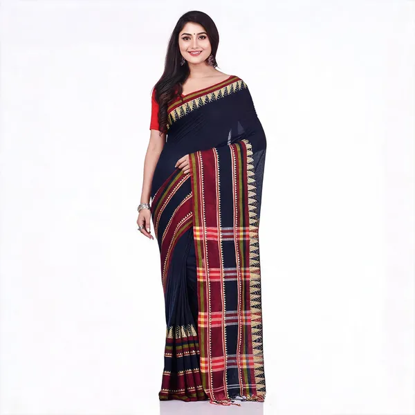 Dark_Blue_Cotton_Handloom_Traditional_Saree_With_Blouse_For_Women