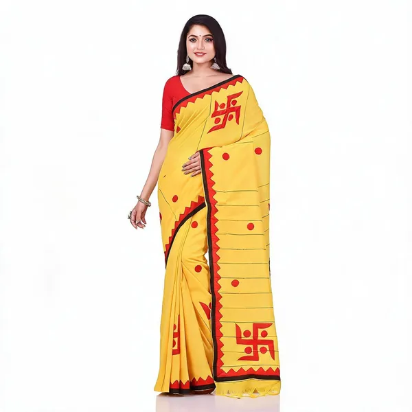 Yellow_Cotton_Handloom_Jamdani_Print_Woven_Saree_With_Blouse_For_Women