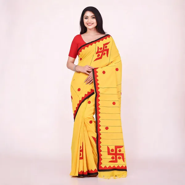 Yellow_Cotton_Handloom_Jamdani_Print_Woven_Saree_With_Blouse_For_Women