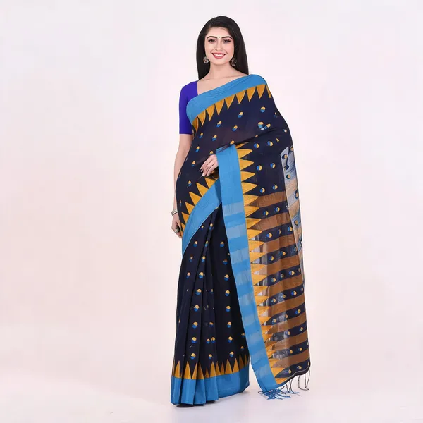 Dark_Blue_White_Cotton_Tant_Woven_Saree_With_Blouse_For_Women