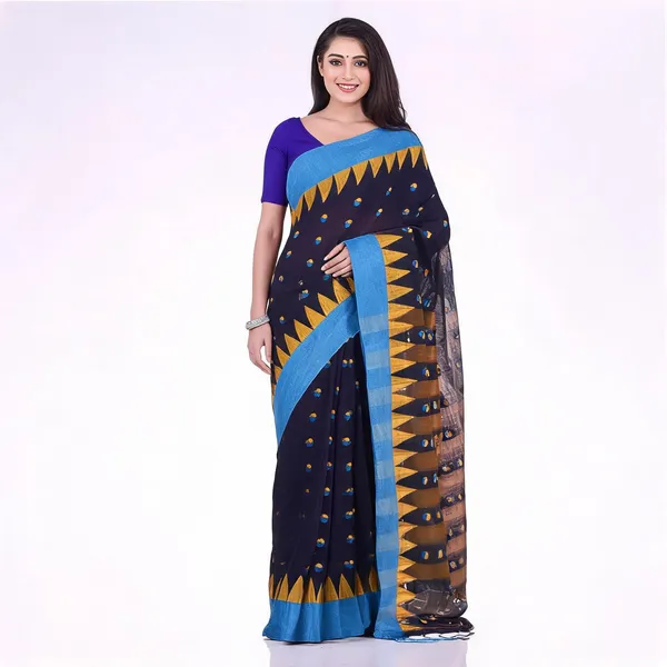Dark_Blue_White_Cotton_Tant_Woven_Saree_With_Blouse_For_Women