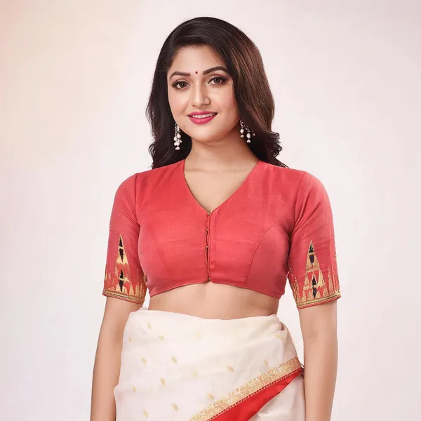 White_Red_Art_Silk_Woven_Durga_Design_Blouse_Material_For_Women