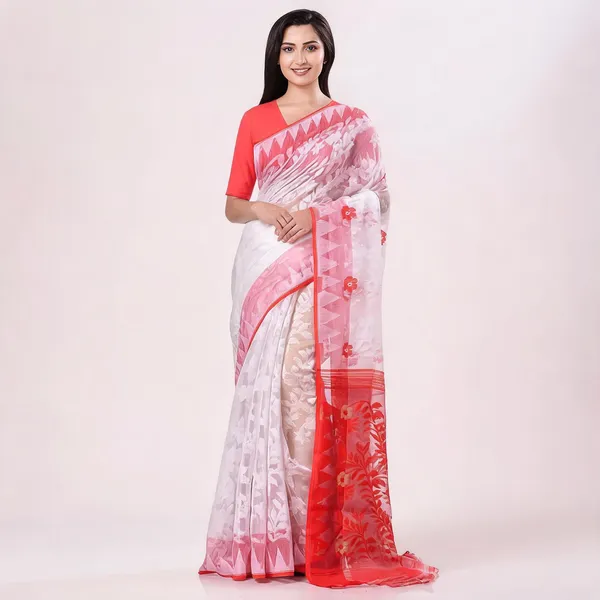 White_Red_Cotton_Jamdani_Handloom_Woven_Saree_For_Women