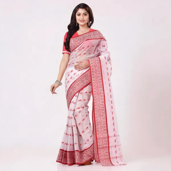 White_Red_Cotton_Bengal_Tant_Woven_Saree_For_Women