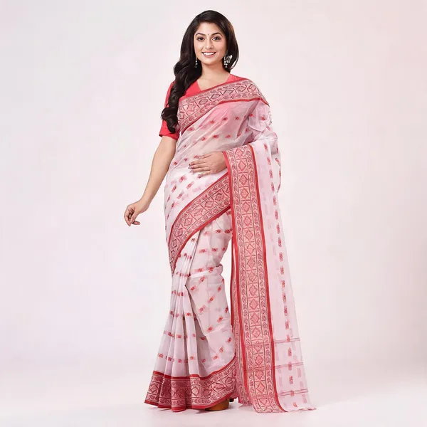 White_Red_Cotton_Bengal_Tant_Woven_Saree_For_Women