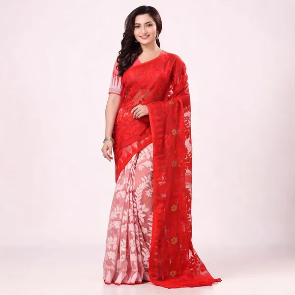 White_Red_Cotton_Handloom_Dhakai_Jamdani_Saree_For_Women