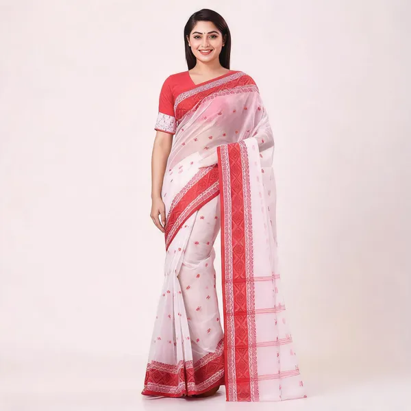 White_Red_Cotton_Woven_Handloom_Saree_For_Women