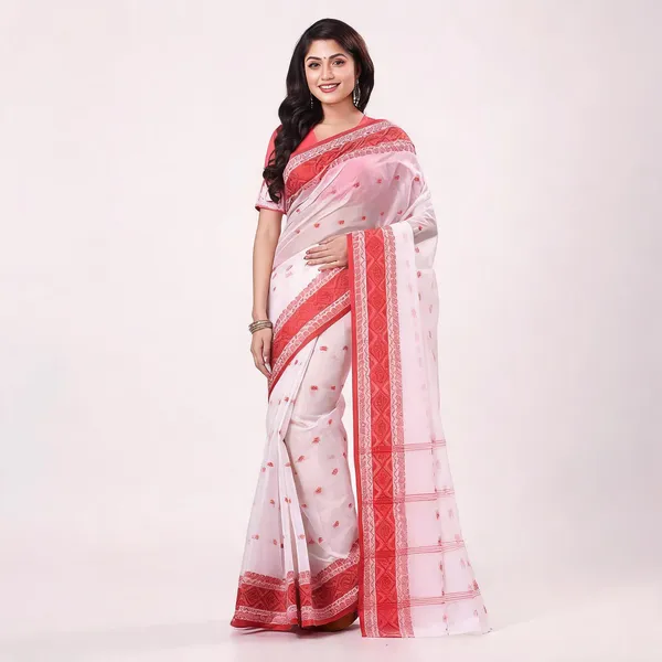 White_Red_Cotton_Bengal_Tant_Handloom_Woven_Saree_For_Women