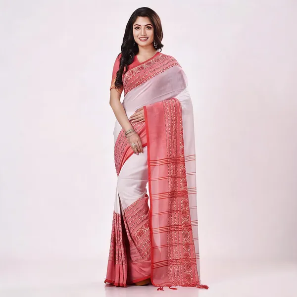 White_Red_Cotton_Floral_Woven_Handloom_Saree_For_Women