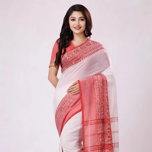 White_Red_Cotton_Floral_Woven_Handloom_Saree_For_Women