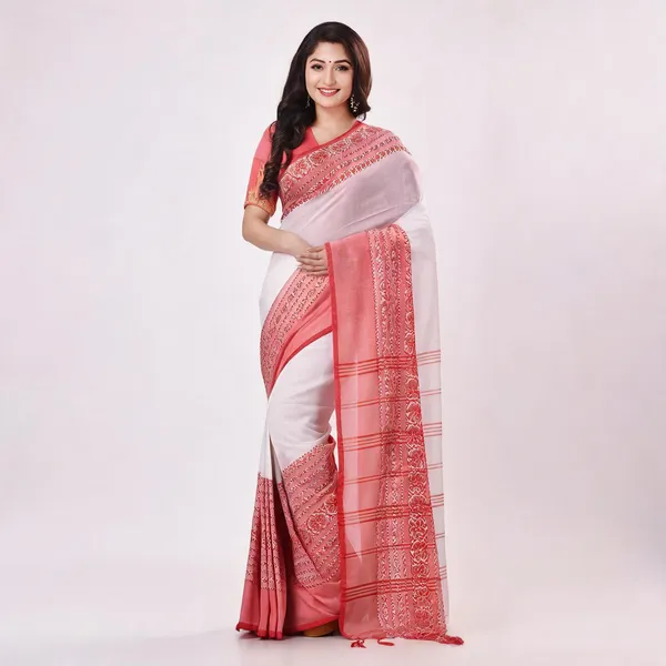 White_Red_Cotton_Floral_Woven_Handloom_Saree_For_Women
