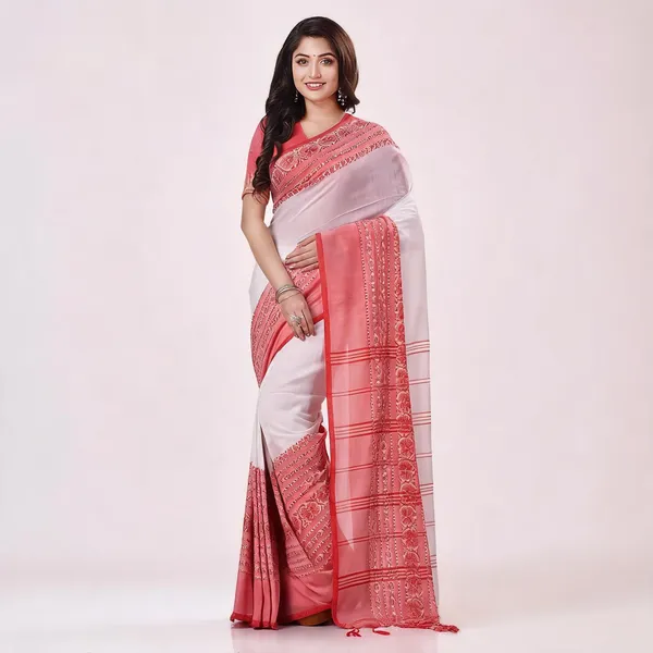White_Red_Cotton_Floral_Woven_Handloom_Saree_For_Women