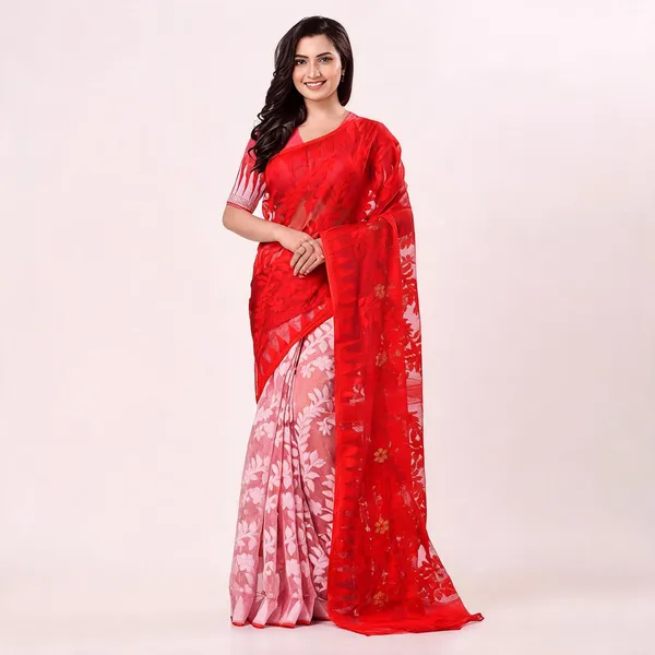 White_Red_Cotton_Handloom_Woven_Jamdani_Saree_For_Women