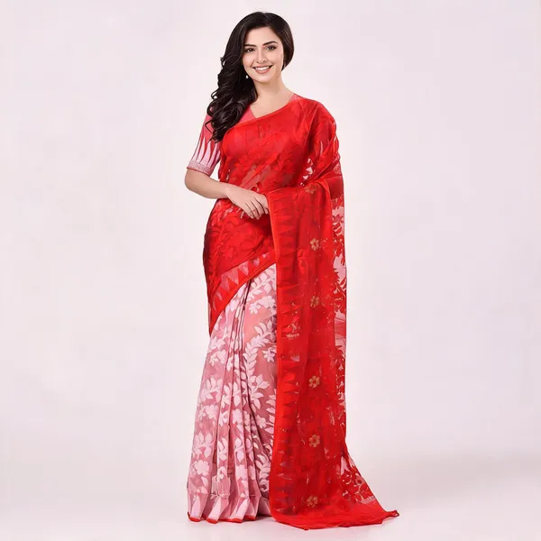 White_Red_Cotton_Handloom_Woven_Jamdani_Saree_For_Women