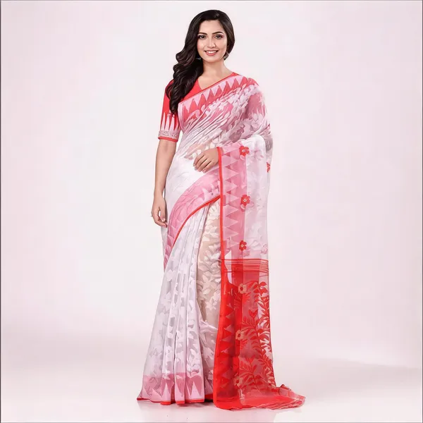 White_Red_Cotton_Jamdani_Bengal_Handloom_Woven_Saree_For_Women