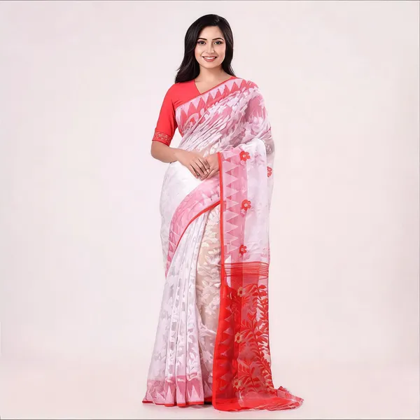 White_Red_Cotton_Jamdani_Bengal_Handloom_Woven_Saree_For_Women