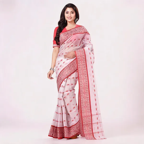 White_Red_Cotton_Handloom_Bengal_Tant_Saree_For_Women