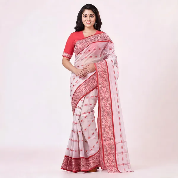 White_Red_Cotton_Handloom_Bengal_Tant_Saree_For_Women