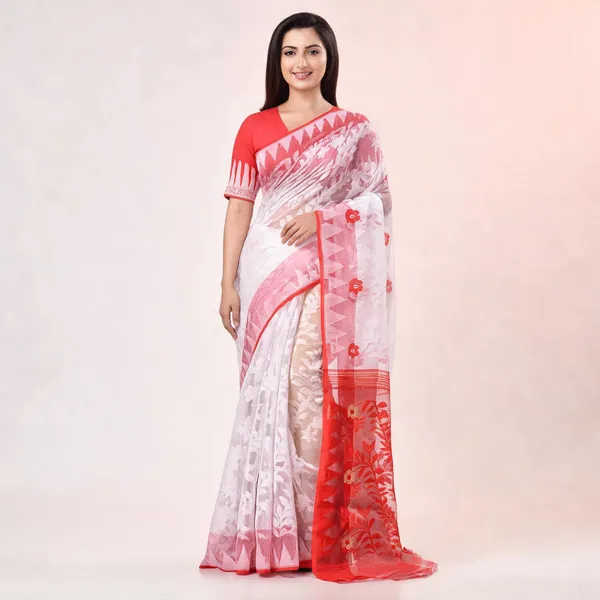 White_Red_Cotton_Woven_Bengal_Handloom_Jamdani_Saree_For_Women