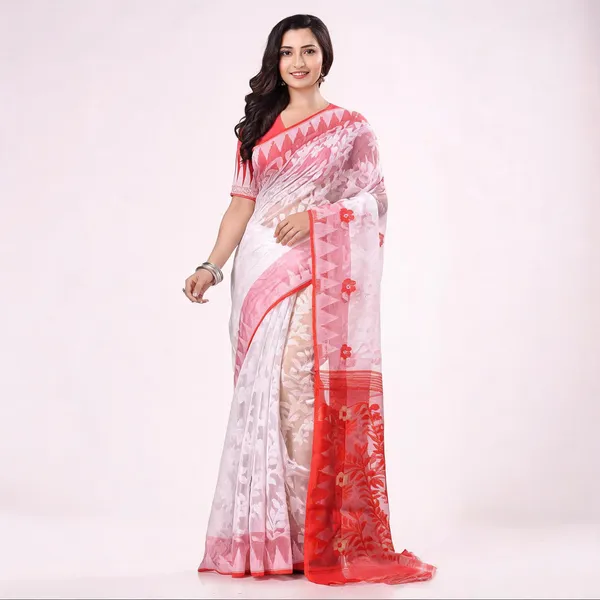 White_Red_Cotton_Woven_Bengal_Handloom_Jamdani_Saree_For_Women