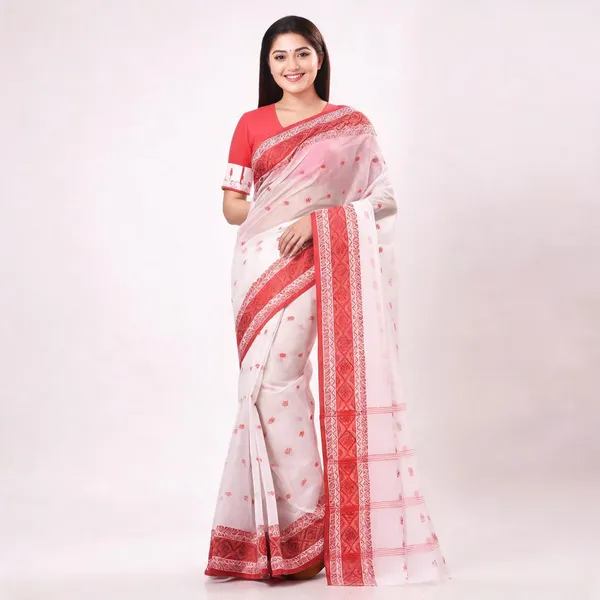 White_Red_Cotton_Bengal_Tant_Handloom_Saree_For_Women