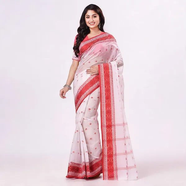 White_Red_Cotton_Bengal_Tant_Handloom_Saree_For_Women