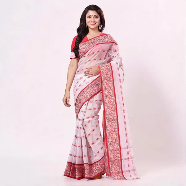 White_Red_Cotton_Bengal_Handloom_Woven_Saree_For_Women