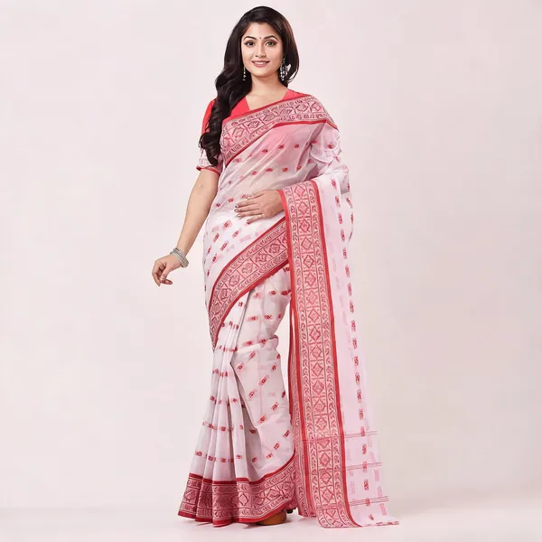 White_Red_Cotton_Bengal_Handloom_Woven_Saree_For_Women