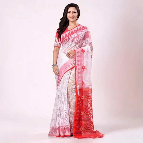 White_Red_Cotton_Handloom_Dhakai_Jamdani_Woven_Saree_For_Women
